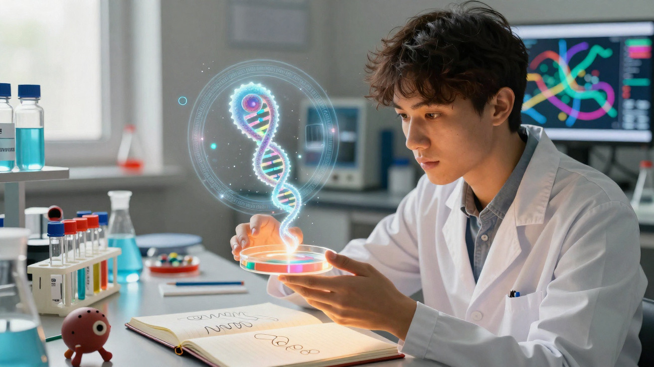 Junger Wissenschaftler in Laborjacke beobachtet Hologramm einer DNA-Spirale über einer Petrischale.