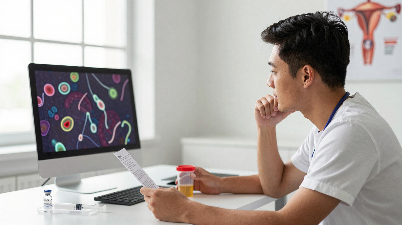 Mediziner analysiert Spermaprobe und wissenschaftliche Daten am Computerbildschirm im Labor.