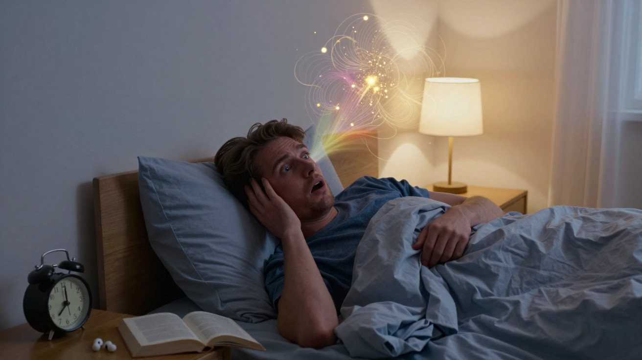 Mann liegt im Bett und wirkt überrascht, visualisierte Gedanken oder Träume strahlen aus seinem Kopf.