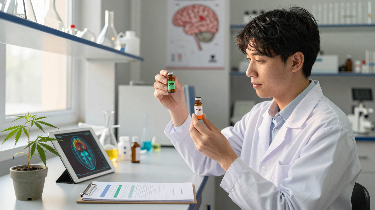 Wissenschaftler im Labor untersucht Fläschchen mit CBD- und THC-Extrakten neben einem Gehirnscan auf Tablet.