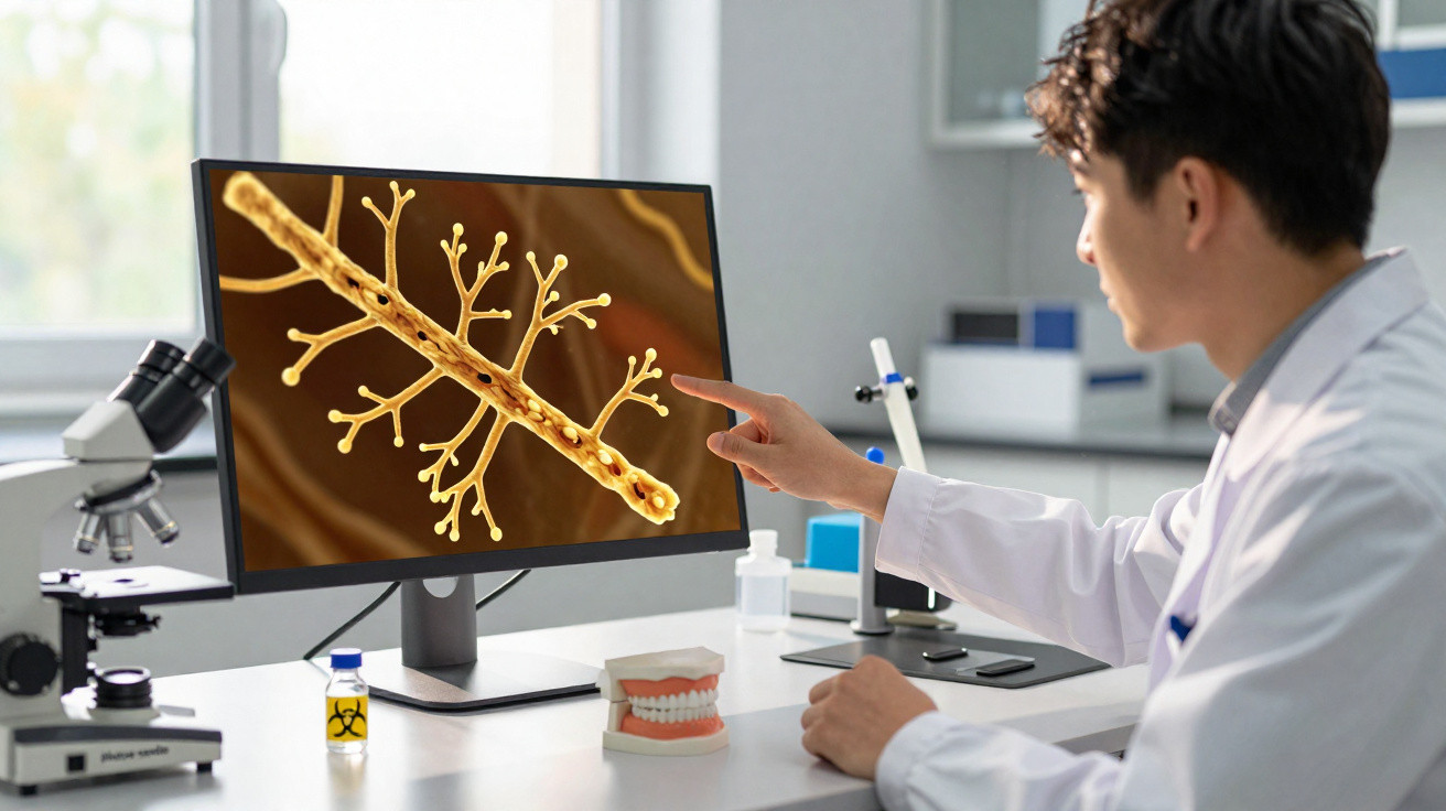 Wissenschaftler im Labor untersucht vergrößerte Struktur eines Pilzmyzels auf Computermonitor.