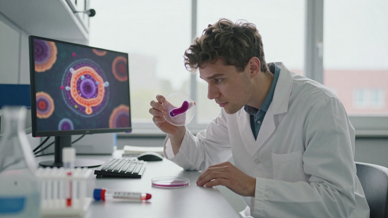 Junger Wissenschaftler im Labor untersucht in Reagenzglas lebende Mikroorganismen am Computer.