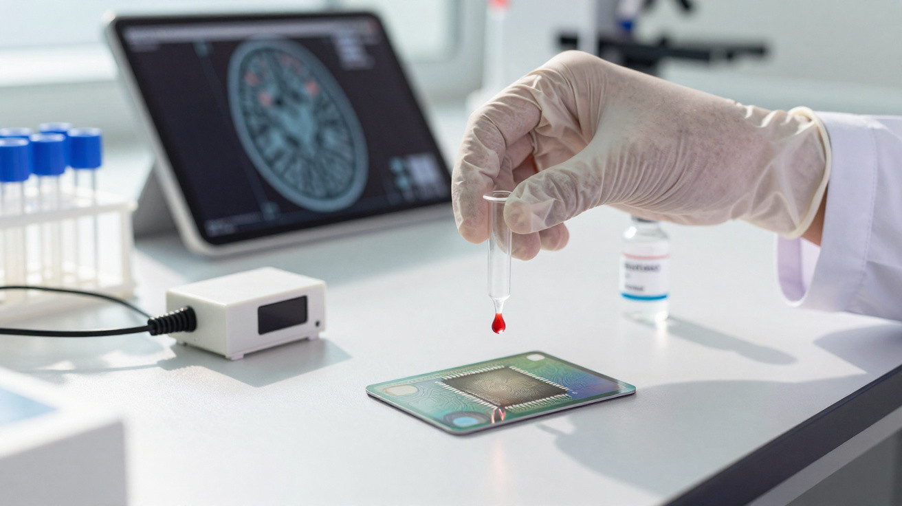 Hand mit Handschuh tropft Blutprobe auf Chip im Labor mit Gehirnscan auf Bildschirm im Hintergrund.