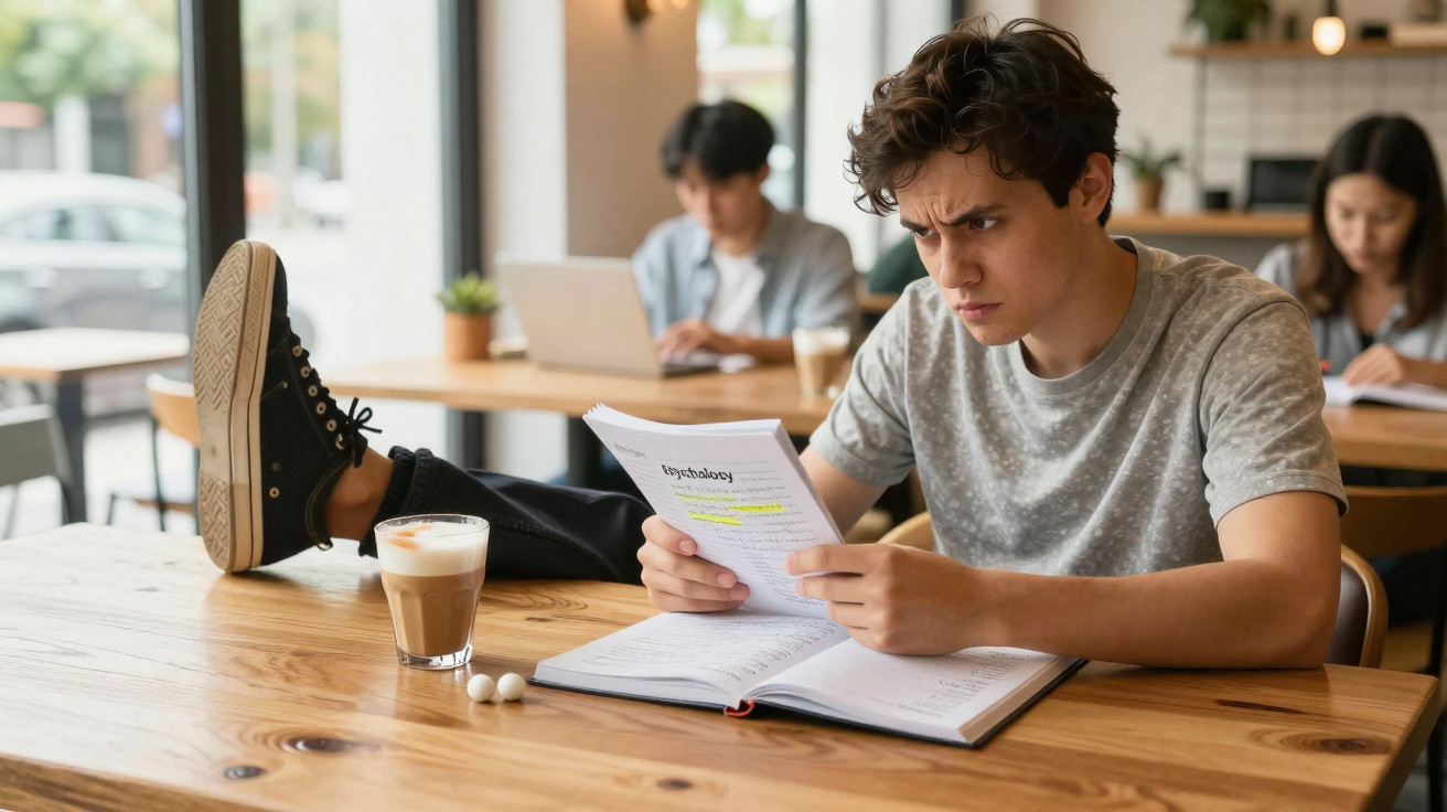 Junger Mann sitzt im Café, liest konzentriert Lernunterlagen mit einem Getränk auf dem Tisch.