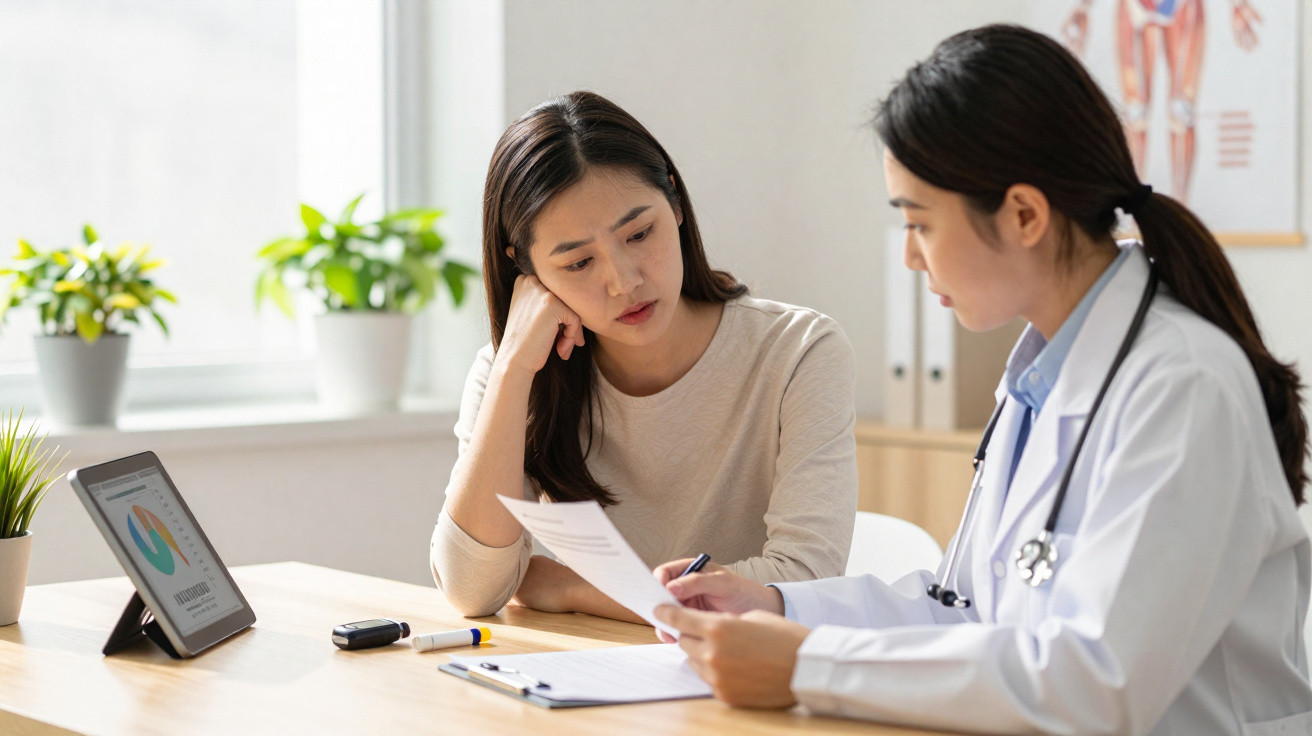 Ärztin erklärt Patientin medizinische Unterlagen in heller Praxis mit Pflanzen und Tablet auf dem Tisch.