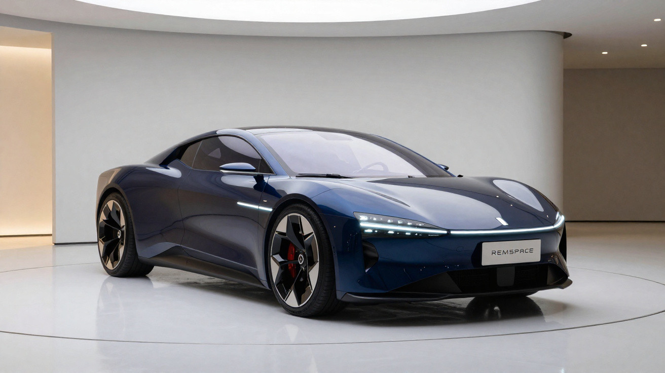 Dunkelblauer, futuristischer Sportwagen mit LED-Scheinwerfern in einer modernen, minimalistisch gestalteten Ausstellungshalle