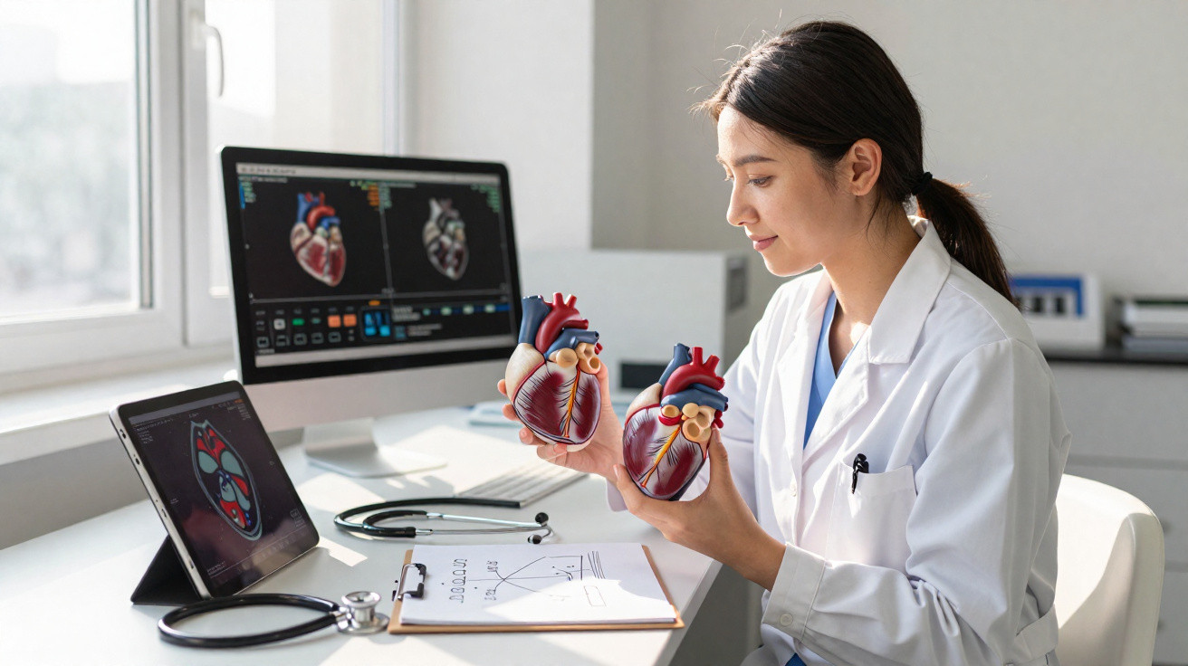 Ärztin im weißen Kittel untersucht zwei anatomische Herzmodelle im Büro mit Computern und medizinischen Unterlagen.
