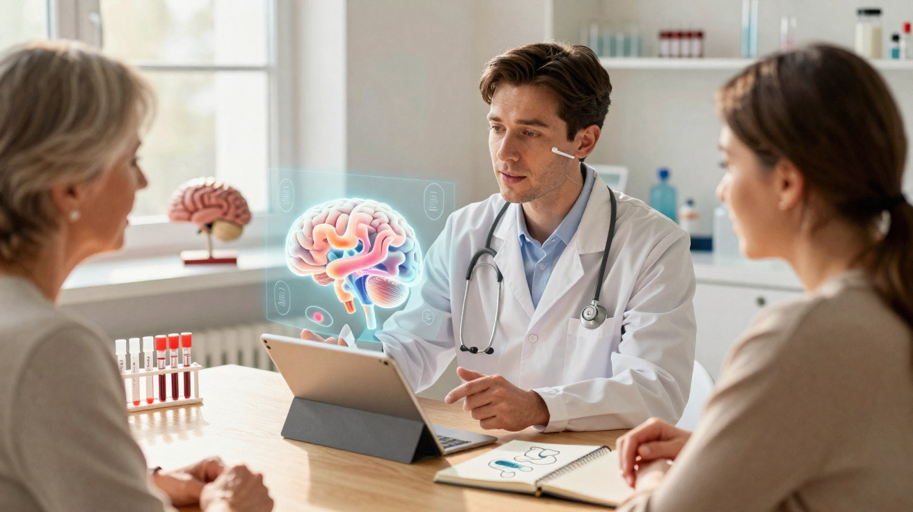 Arzt erklärt zwei Patientinnen mittels digitaler Gehirn-Projektion medizinische Zusammenhänge im Behandlungszimmer.