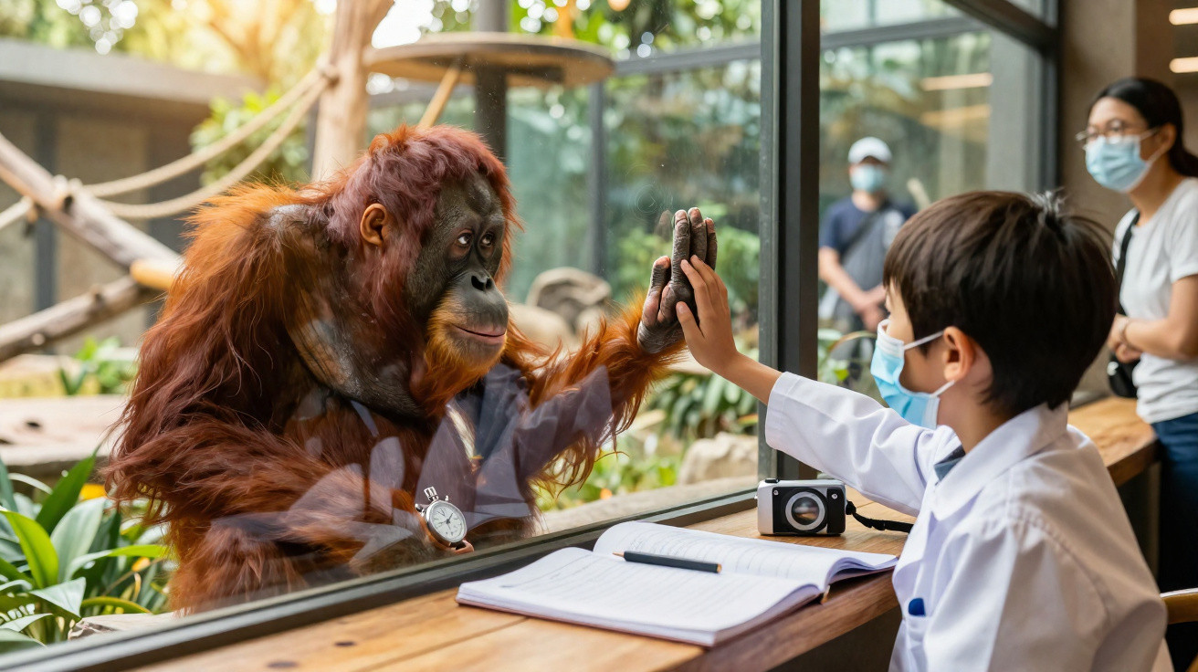 Orang-Utan und Junge mit Mundschutz berühren sich durch Glasscheibe in Zoo, Bücher und Kamera auf Tisch sichtbar.