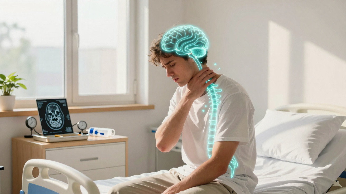 Junger Mann sitzt im Krankenhausbett und hält schmerzhaft seine Nackenregion, digitale Darstellung von Gehirn und Wirbelsäule