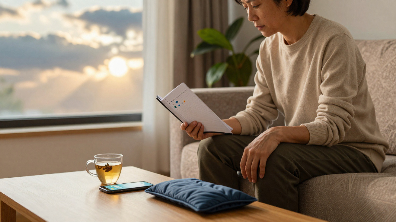 Frau sitzt auf Sofa, liest Notizen, Tisch mit Teetasse und Smartphone, Sonnenuntergang durchs Fenster sichtbar.