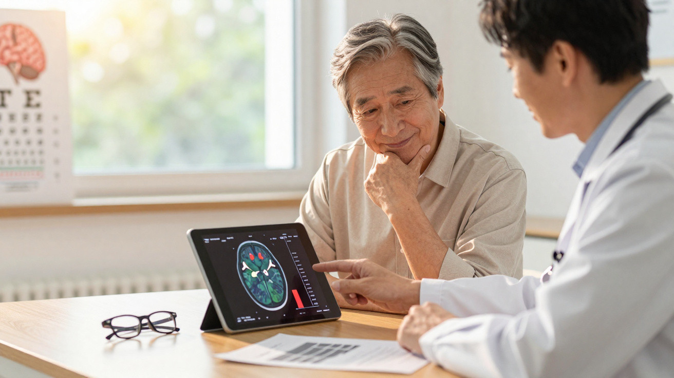 Arzt erklärt älterem Patienten Gehirnscan auf Tablet in heller Praxis mit Brille auf dem Tisch.