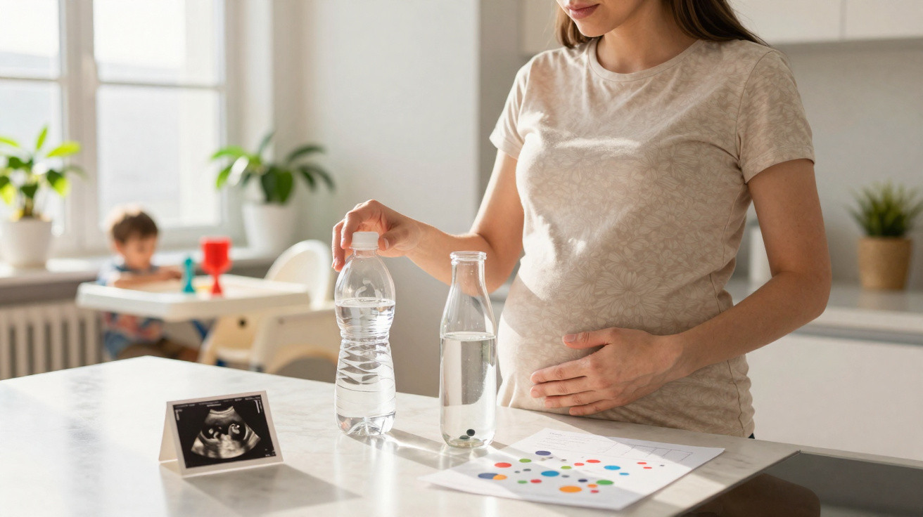 Schwangere Frau hält Wasserflasche in der Küche, Ultraschallbild auf dem Tisch, Kind im Hintergrund.