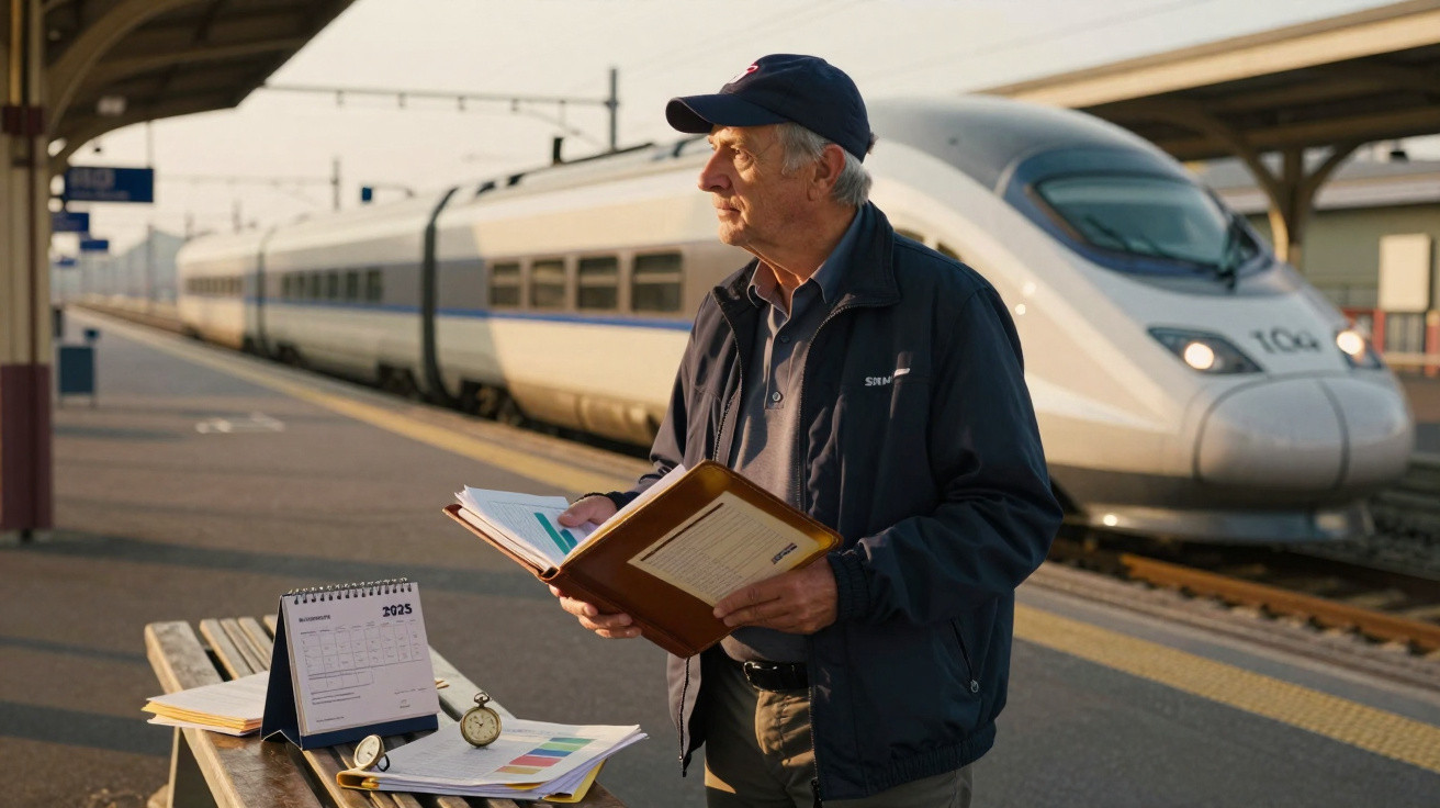 Älterer Mann mit Mütze hält Ordner am Bahnhof vor einem einfahrenden ICE-Zug bei Sonnenlicht.