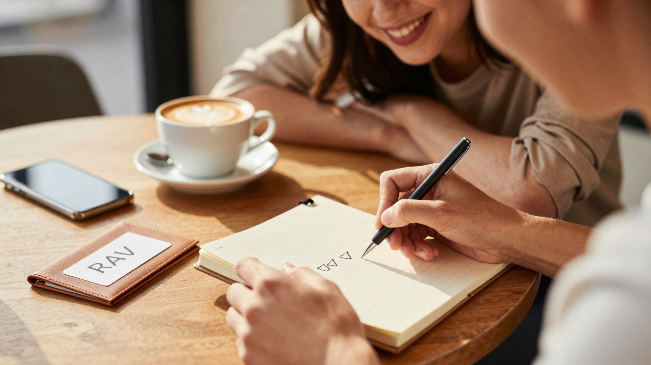 Zwei Personen besprechen sich bei Kaffee, eine schreibt Notizen in ein Notizbuch am Holztisch.
