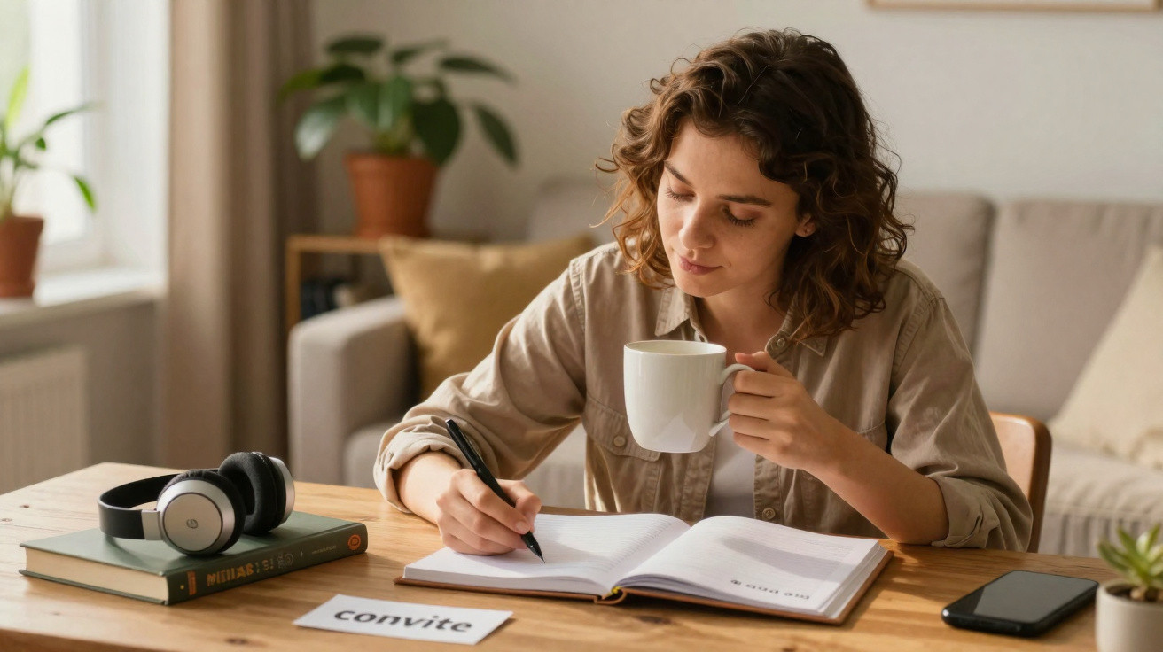 Frau sitzt am Tisch, trinkt aus Tasse und schreibt in Notizbuch, umgeben von Büchern und Kopfhörern.