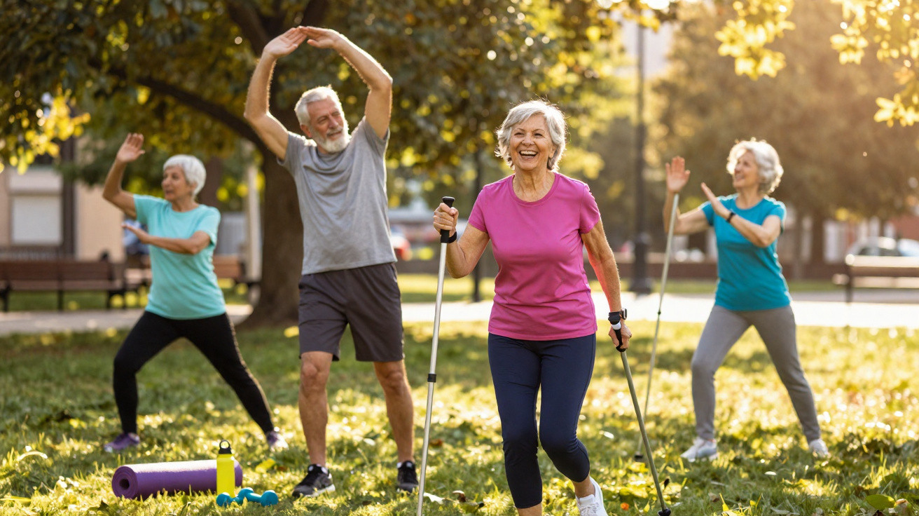 Ältere Menschen trainieren gemeinsam im Park, eine Frau macht Nordic Walking, andere machen Gymnastikübungen.