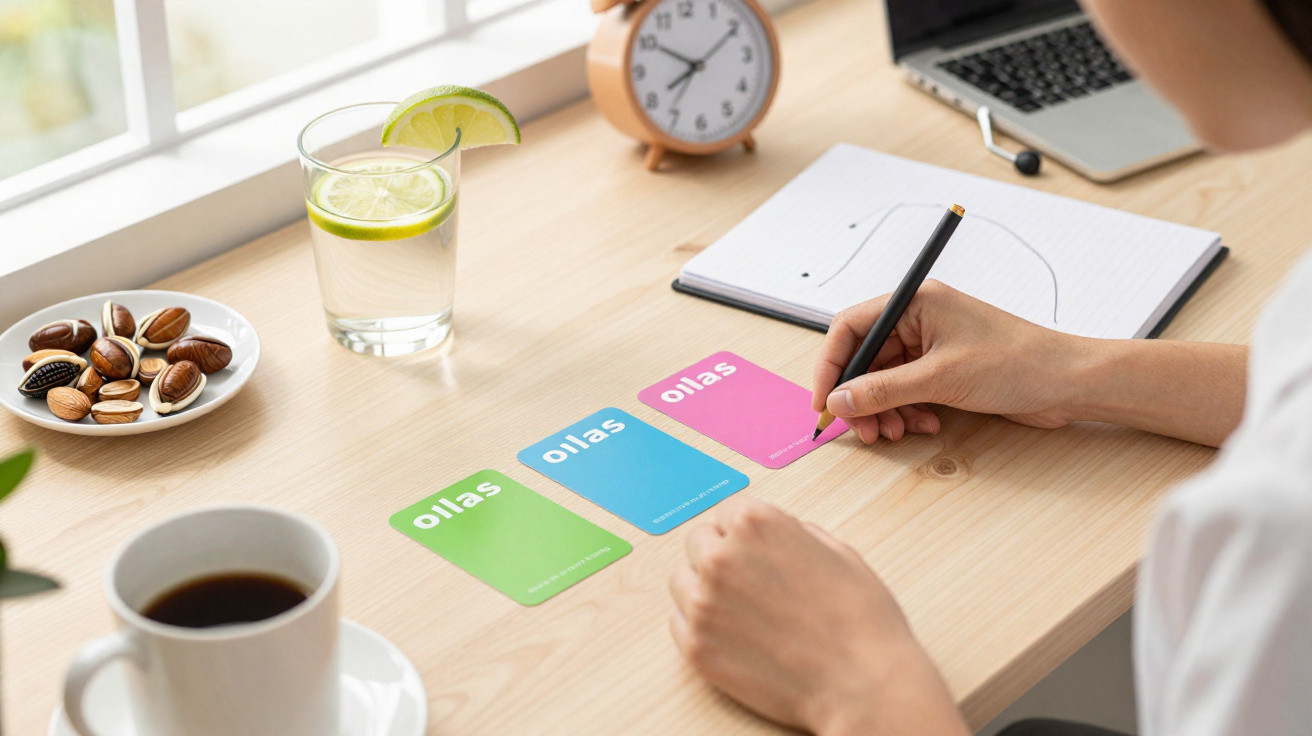 Person schreibt auf pinkfarbener Karte, weitere grüne und blaue Karten, Kaffee, Wasser mit Limette, Wecker und Laptop auf Tis
