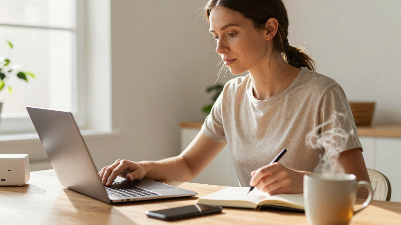 Frau arbeitet konzentriert am Laptop, schreibt Notizen in ein Buch, dampfende Tasse auf dem Tisch dabei.