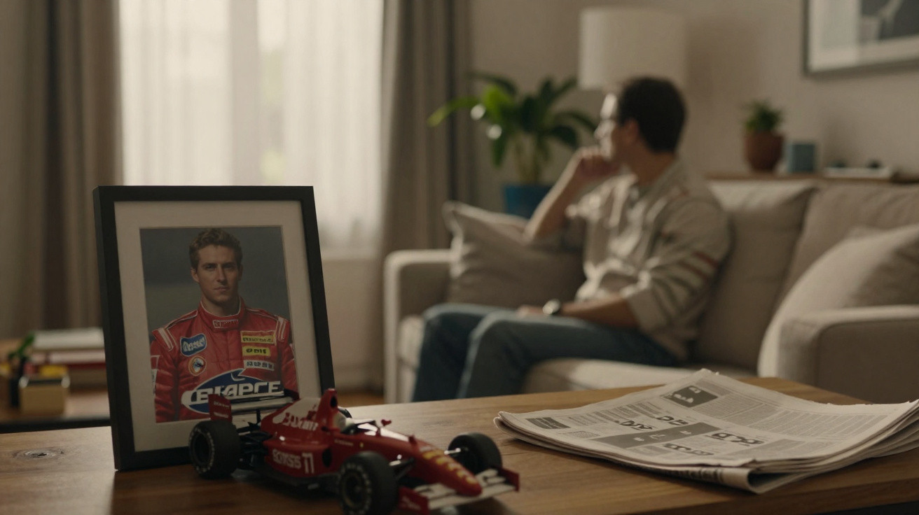 Ein Mann sitzt nachdenklich auf dem Sofa, im Vordergrund ein Formel-1-Modellauto und ein Porträt.