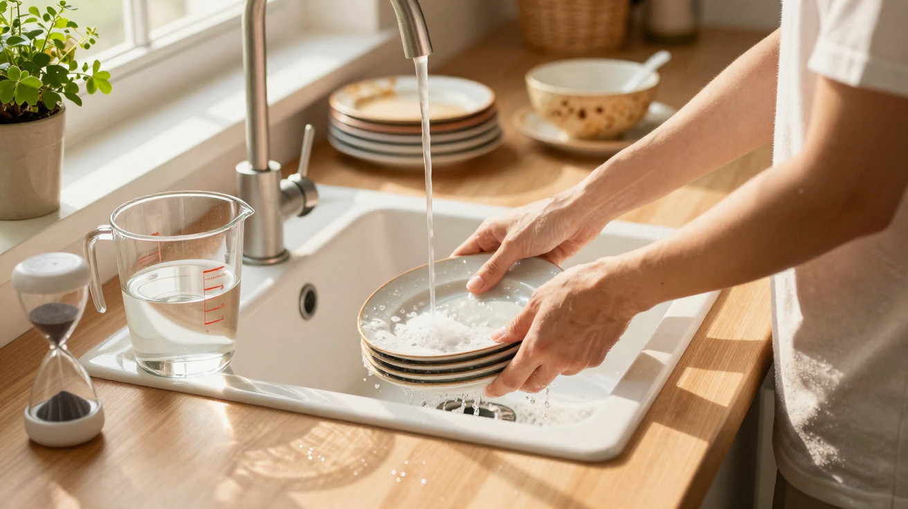 Person wäscht verschmutzte Teller unter laufendem Wasser in der Küchen­spüle bei Tageslicht.