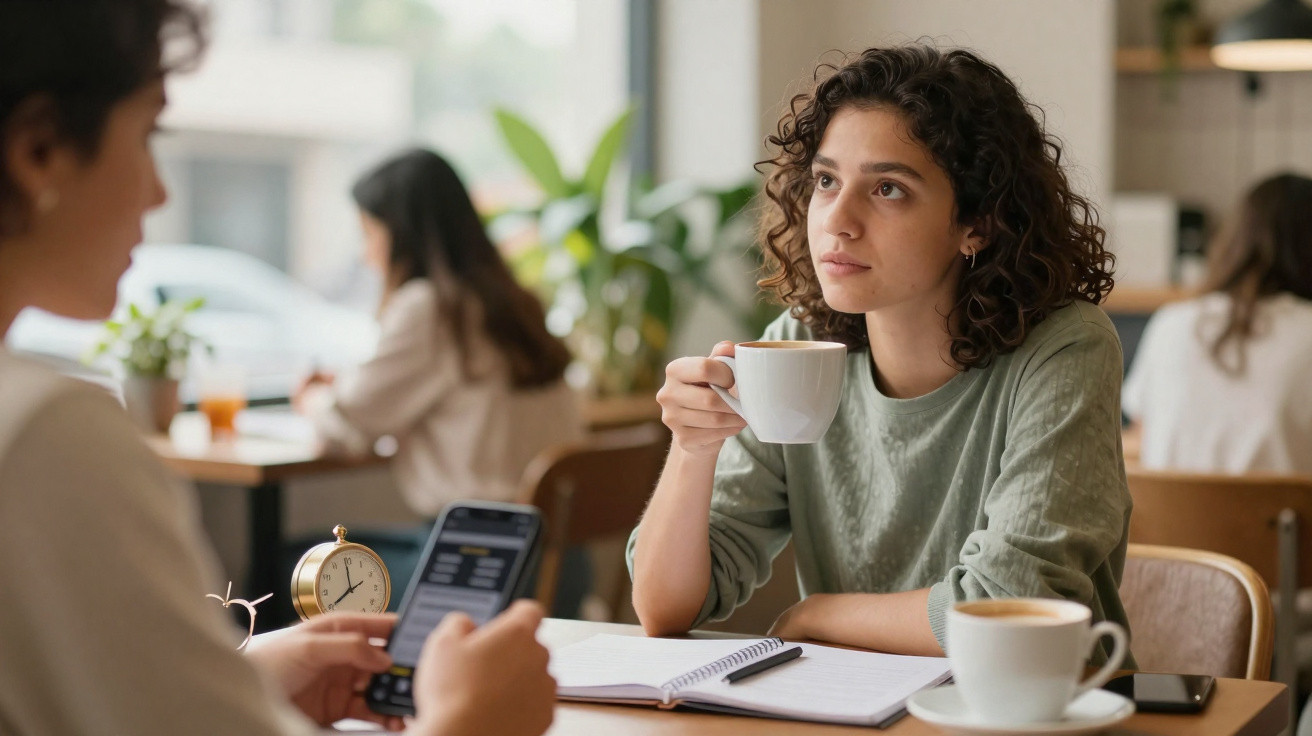 Junge Frau trinkt Kaffee und schaut nachdenklich in einem Café mit anderen Gästen im Hintergrund.
