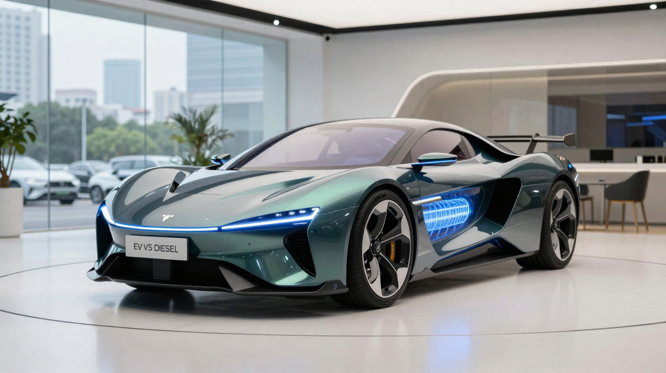 Futuristisches grünes Elektro-Sportauto mit blauen Lichteffekten in modernem Showroom.