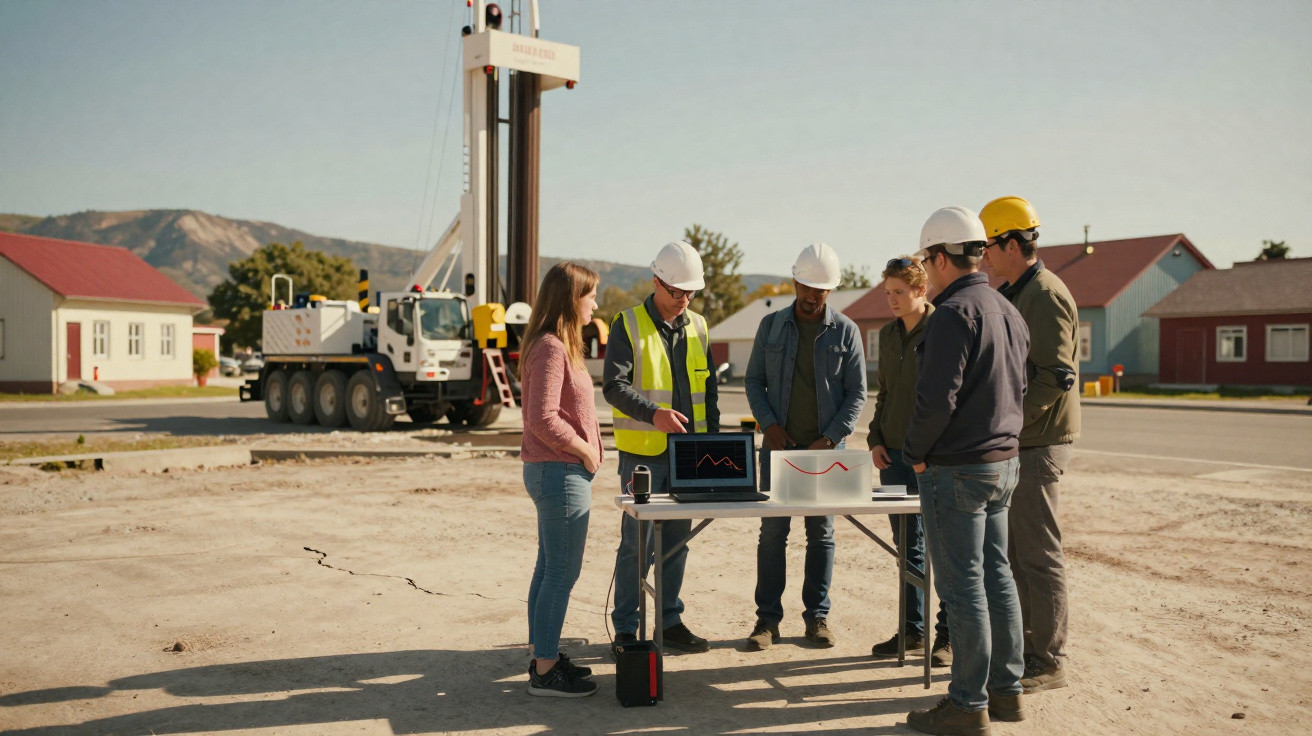 Bauarbeiter und Ingenieure diskutieren Daten an einem Außentisch auf einer Baustelle mit schwerem Gerät im Hintergrund.
