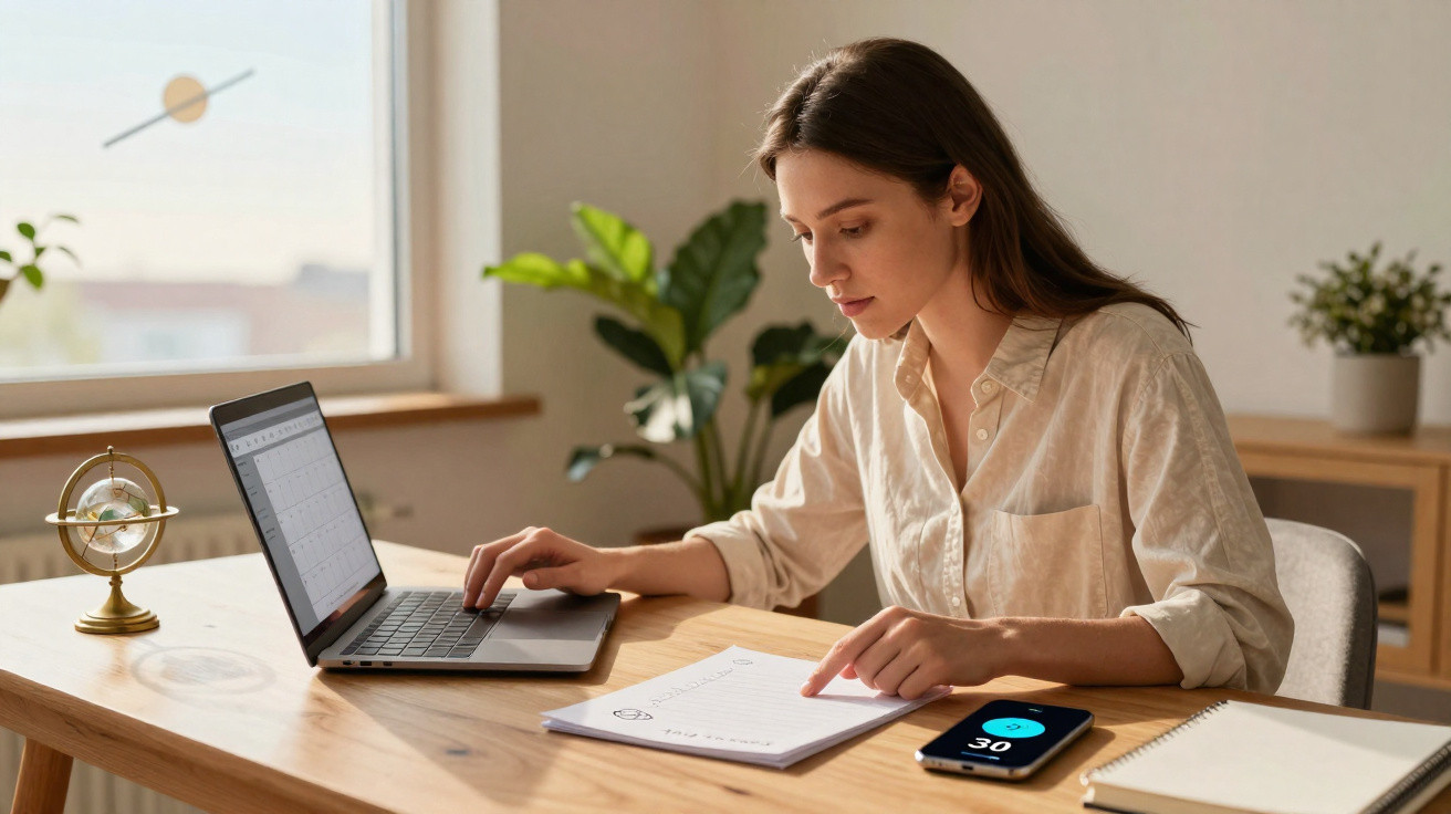 Frau arbeitet konzentriert am Laptop und macht Notizen in hellem, modernem Home-Office.