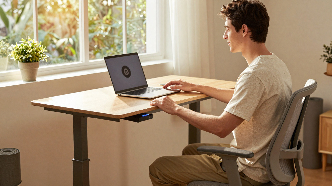 Junger Mann sitzt am höhenverstellbaren Schreibtisch und arbeitet an einem Laptop in hellem Raum.