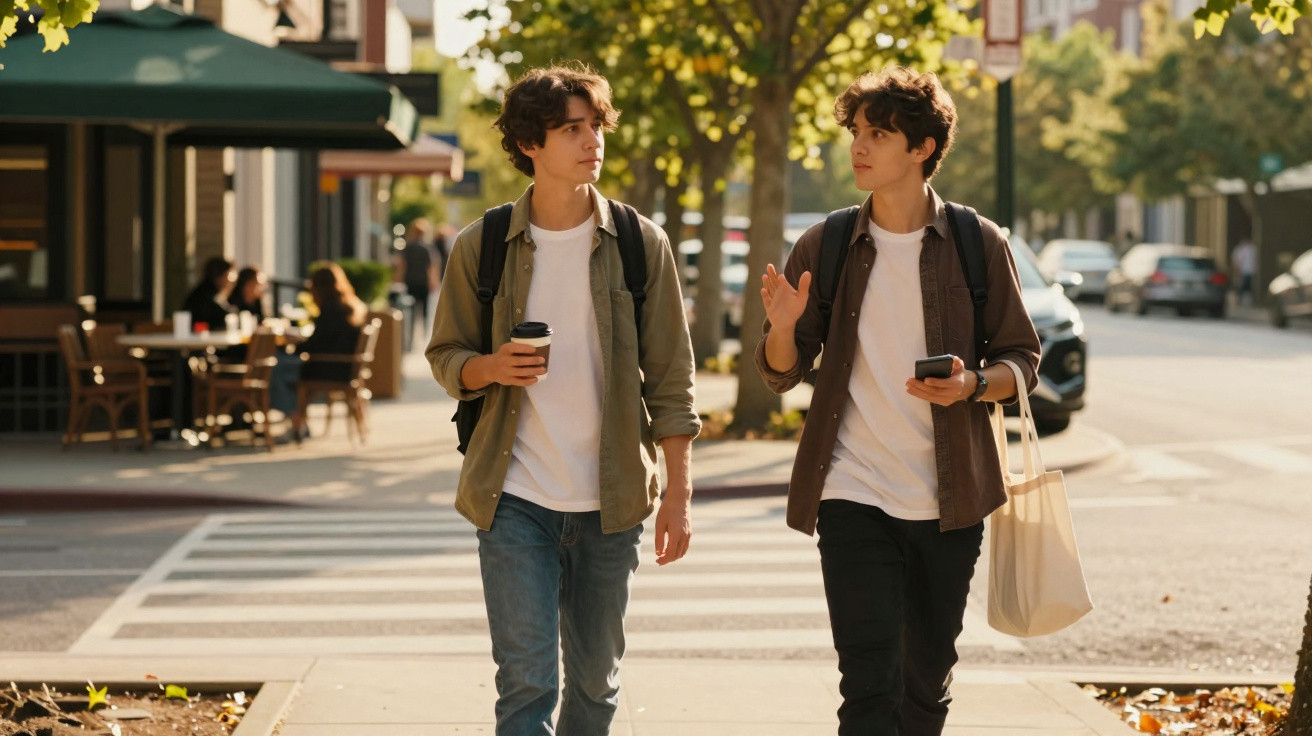 Zwei junge Männer mit Rucksäcken gehen auf Gehweg, einer hält Kaffee, der andere ein Smartphone, sonniger Tag.