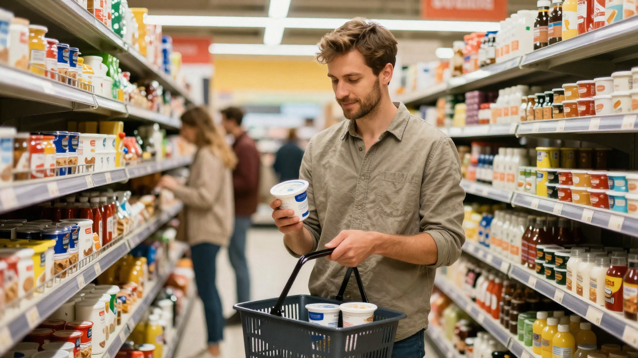 Mann mit Einkaufskorb prüft im Supermarkt ein Milchprodukt in einem Gang mit Getränken und Lebensmitteln.