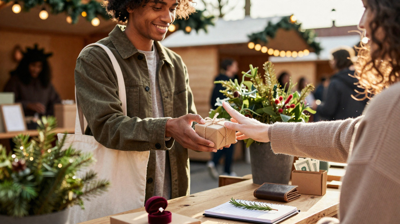 Junge Person übergibt freundschaftlich ein Geschenk an eine andere Person auf einem Weihnachtsmarkt.