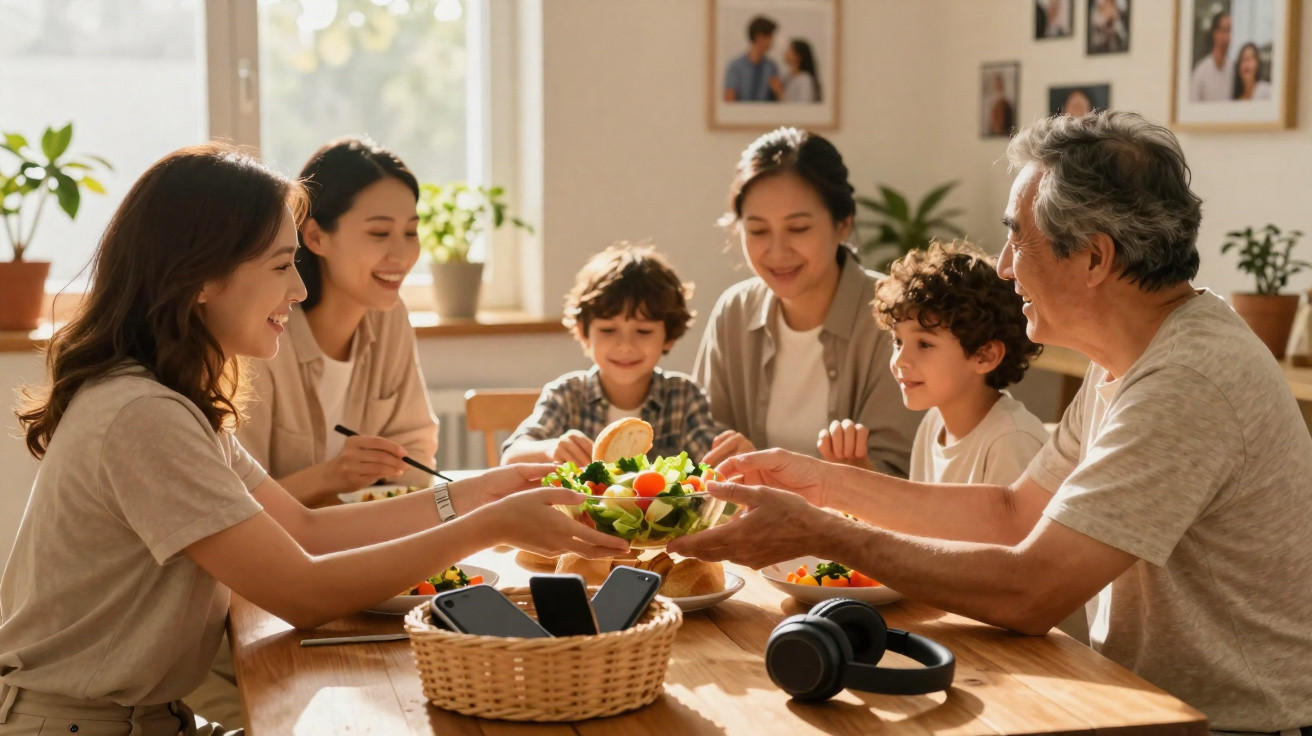 Drei Generationen einer Familie teilen sich frischen Salat am Esstisch in hellem, gemütlichem Esszimmer.