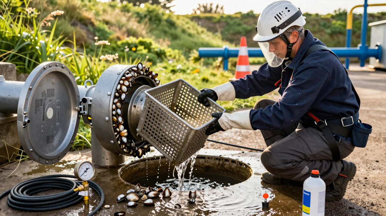 Arbeiter entfernt Wasserkäfer aus Wasserrohröffnung mit Schutzkleidung und Helm bei Außeneinsatz.