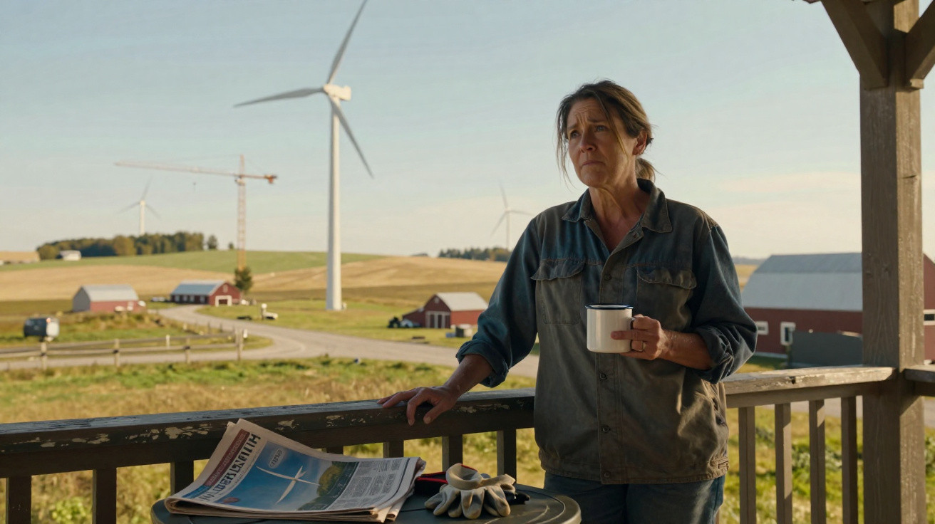 Frau mit Kaffeetasse steht auf Veranda, blickt auf ländliche Landschaft mit Windrädern und Bauernhöfen.