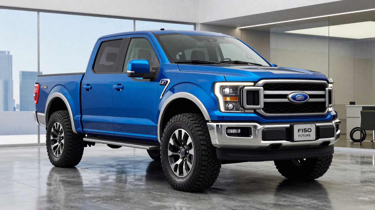 Blauer Ford F150 Pick-up Truck in moderner Innenraumumgebung, seitliche Frontansicht.