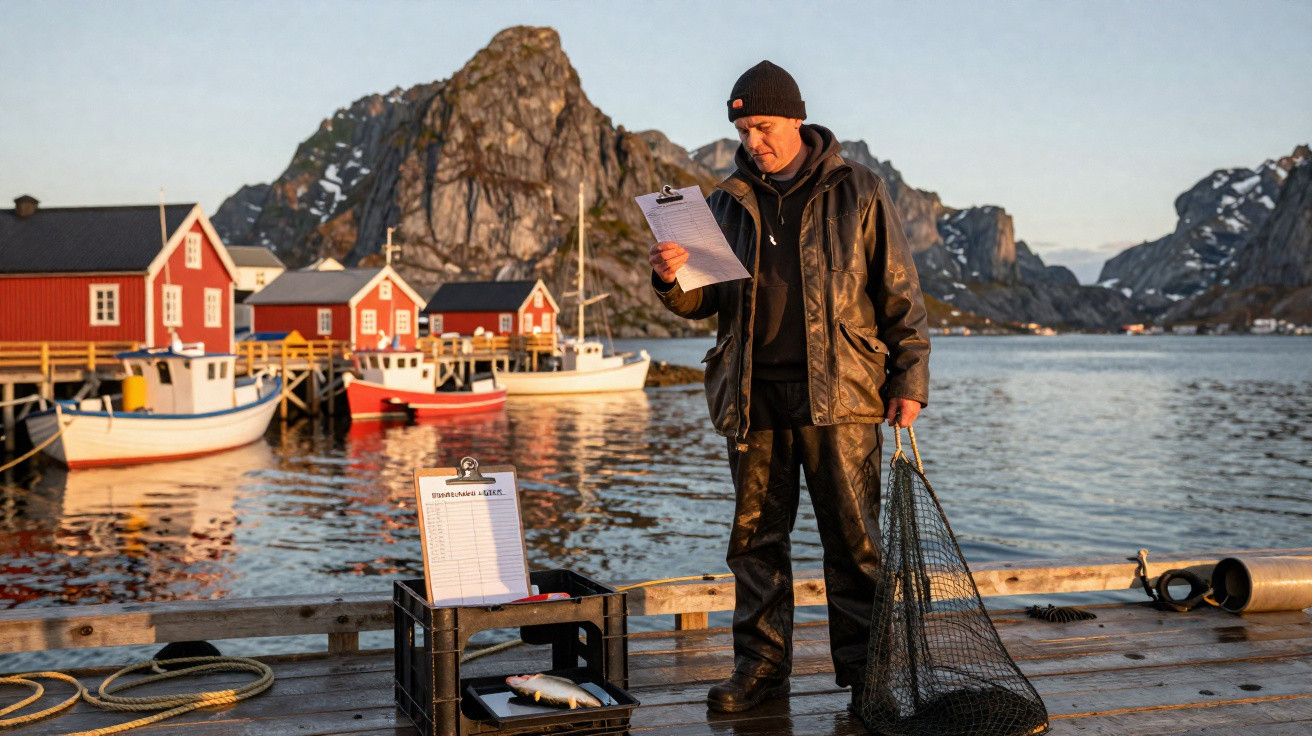 Fischer in wetterfester Kleidung steht mit Netz auf Holzsteg vor Fjord, roten Häusern und Bergen bei Sonnenuntergang.