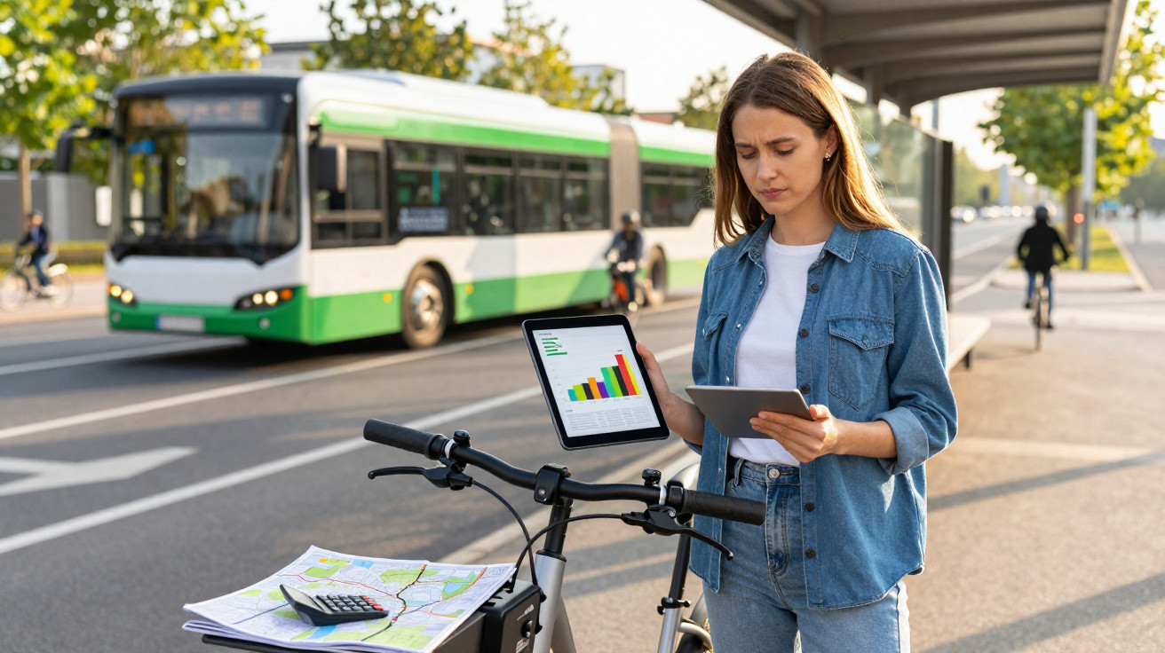Frau mit Fahrrad hält Tablet vor Bushaltestelle, im Hintergrund grüner Stadtbus und Personen auf dem Radweg.