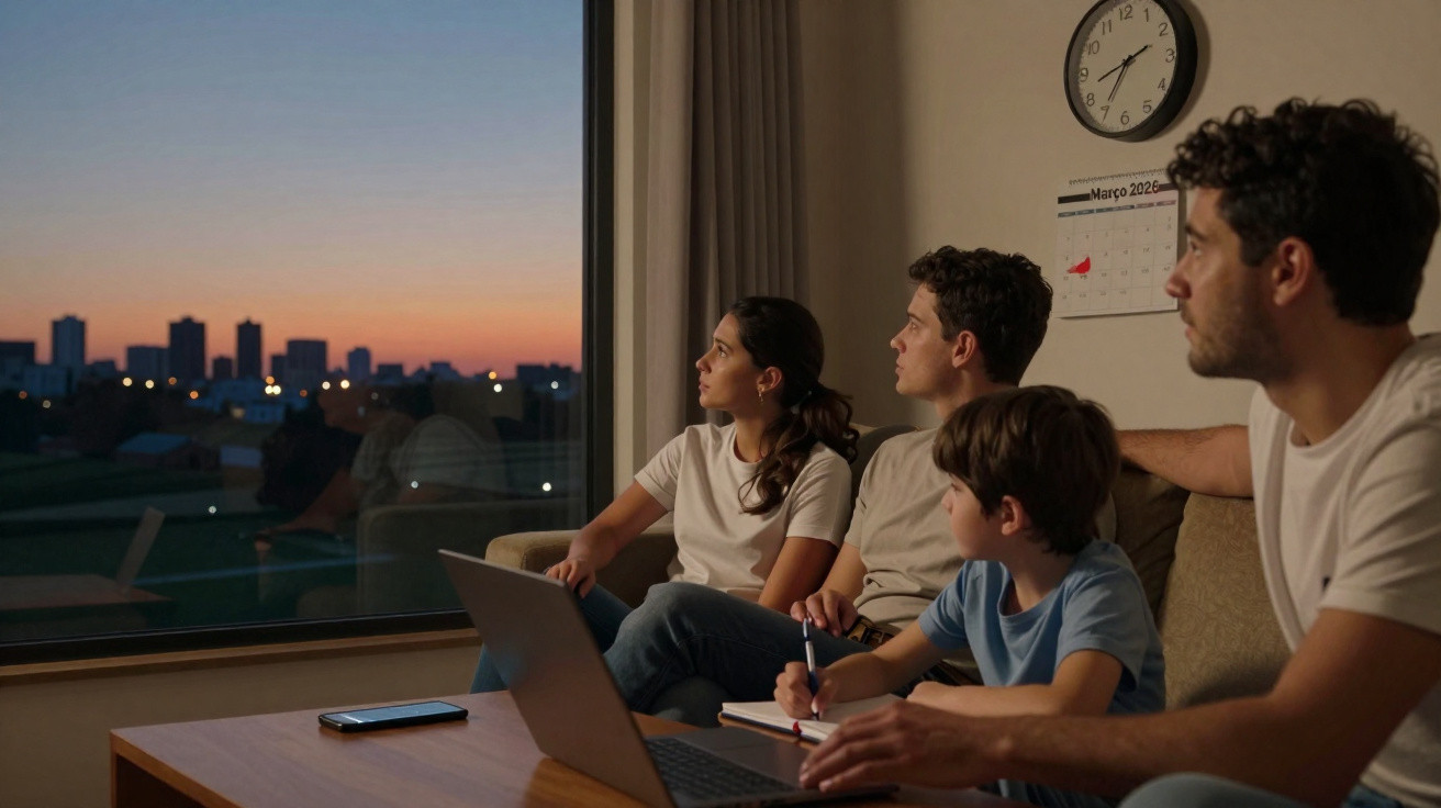 Familie mit Laptop und Notizblock sitzt abends am Fenster und schaut auf die Stadt bei Sonnenuntergang.
