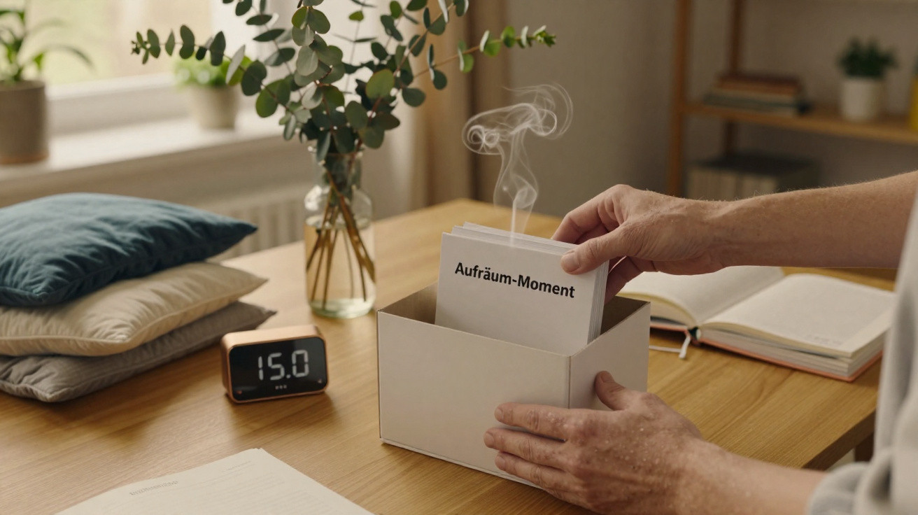 Person hält Karte mit Aufschrift „Aufräum-Moment“ über eine auf einem Tisch stehende Box mit Dampf.
