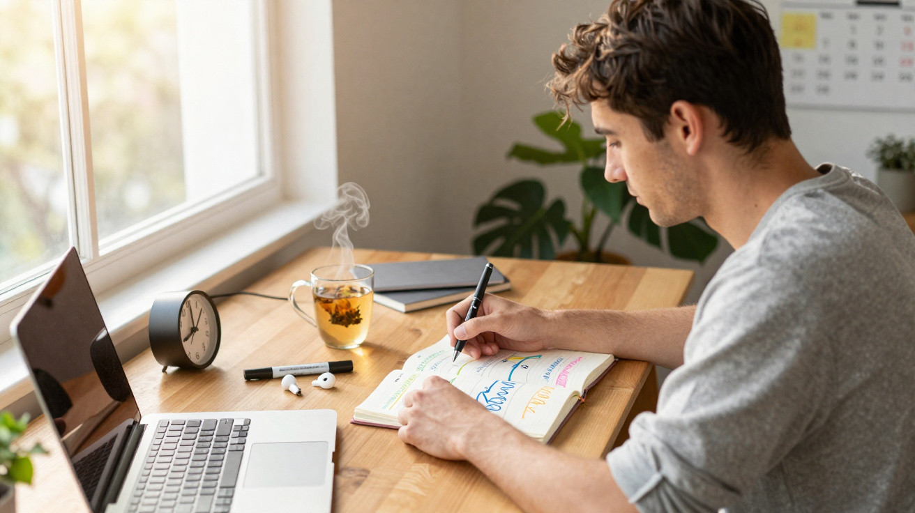 Junger Mann schreibt in einem Notizbuch am Holztisch mit Laptop, Tee und Stift nahe Fenster.