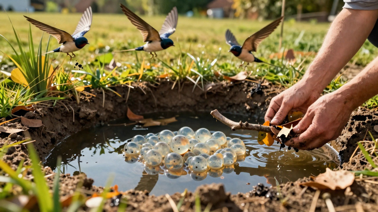 Drei Vögel fliegen nah über einen kleinen Teich mit laufenden Händen und Glaskugeln darin.