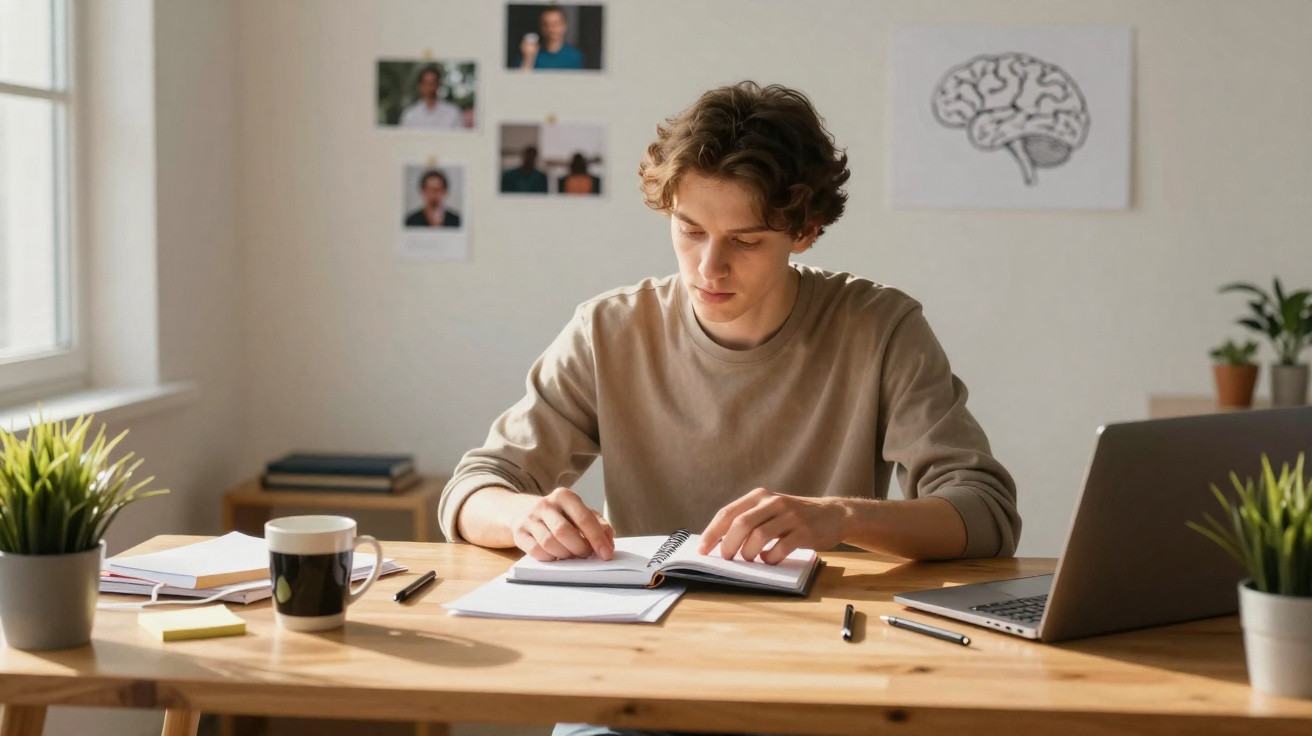 Junger Mann sitzt am Schreibtisch und liest in einem Notizbuch, Laptop, Tasse und Pflanzen sind sichtbar.