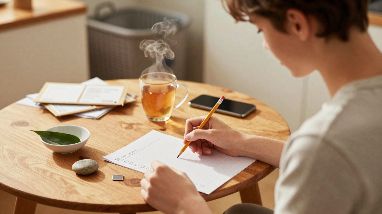 Person füllt am Holztisch mit Tee und Smartphone eine Checkliste aus.