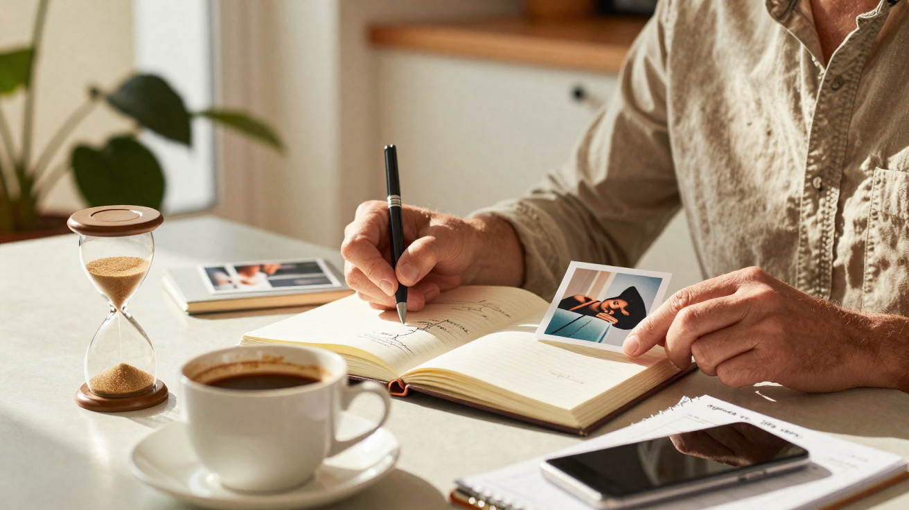 Person schreibt in Notizbuch und hält ein Foto, daneben Sanduhr, Kaffeetasse und Smartphone auf Tisch.