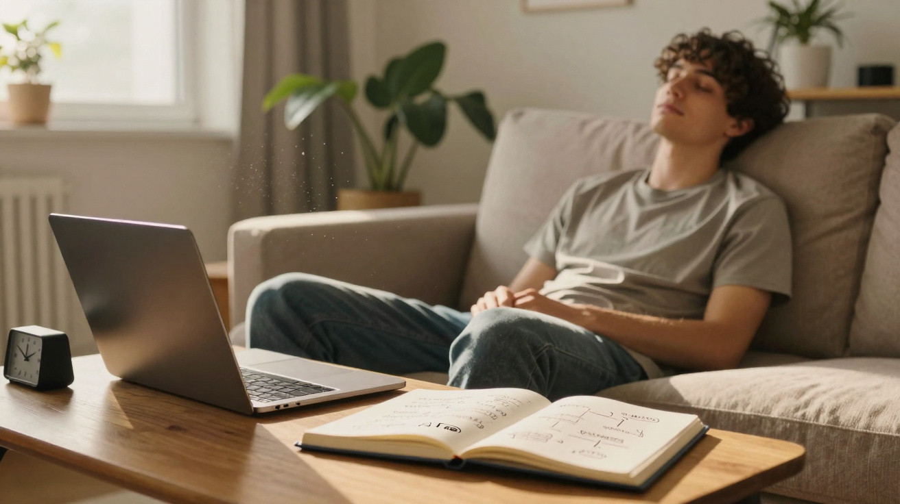 Junger Mann entspannt auf Sofa mit geschlossenem Laptop und offenem Notizbuch auf dem Tisch vor ihm.