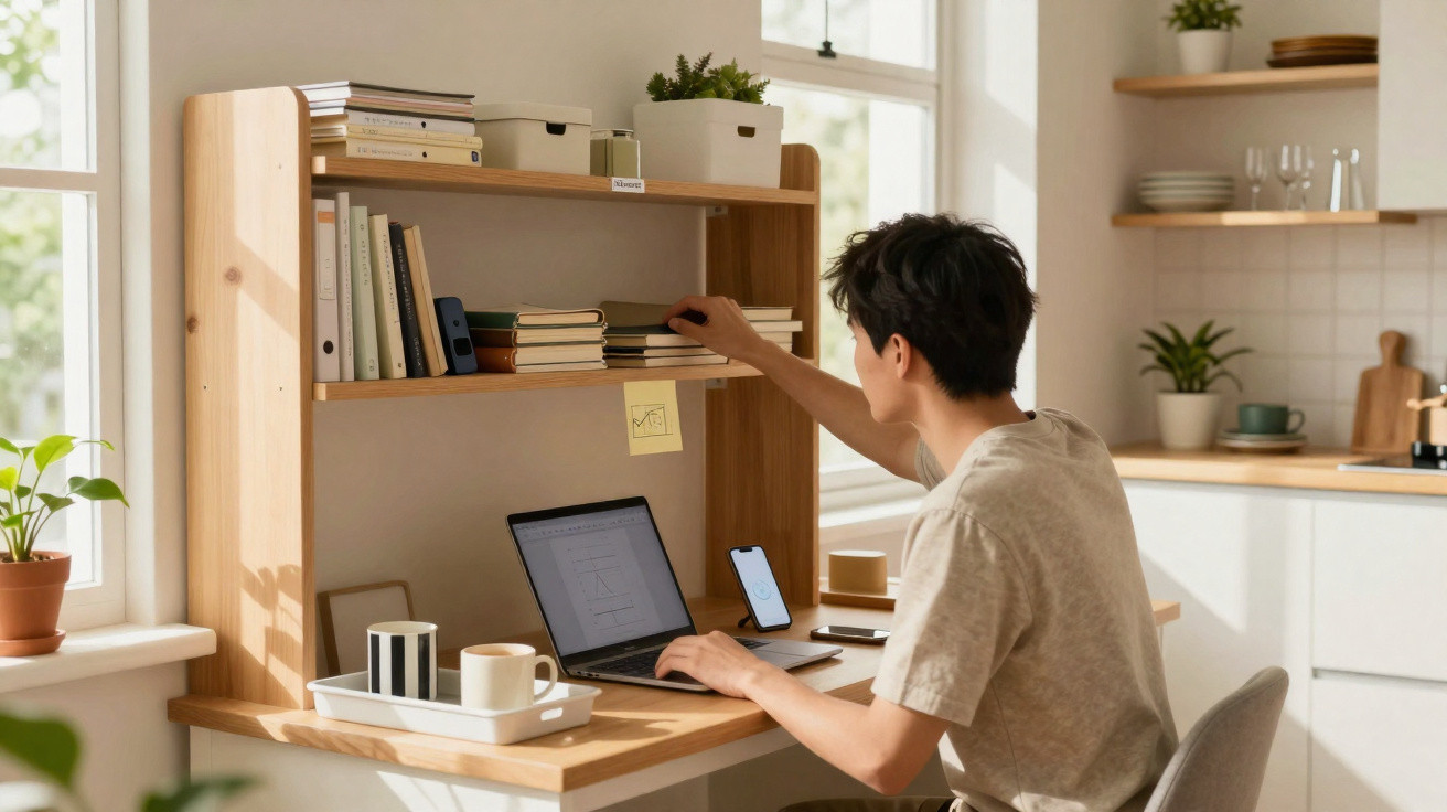 Junge Person organisiert Bücher in einem hellen, modernen Arbeitszimmer mit Laptop und Smartphone.
