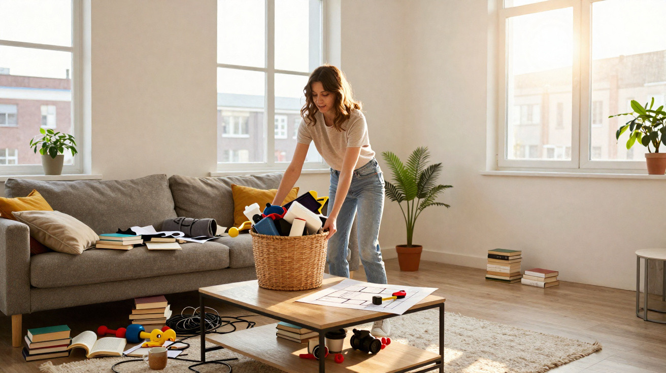 Frau räumt Korb mit Bastelmaterialien in hellem Wohnzimmer mit Sofa, Tisch und Pflanzen auf.