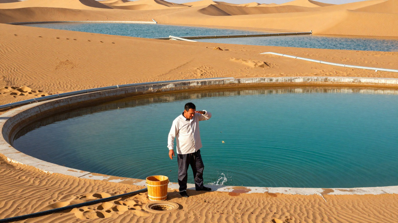 Mann steht an rundem Wasserbecken in der Wüste, im Hintergrund weitere Wasserbecken und Sanddünen.